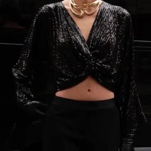 Zara Black Sequin Twist-Front Crop Top